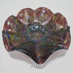 Imperial Carnival Glass Bowl Purple Pansy With Arc Electric Color Iridescent