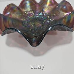 Imperial Carnival Glass Bowl Purple Pansy With Arc Electric Color Iridescent