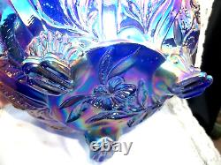 Imperial Carnival Glass Everglade 3 Toed Bowl Aurora Borealis Blue Iridescent
