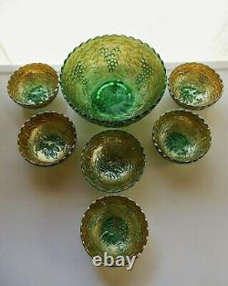 Imperial Glass Iridescent Green Carnival Grape 7 piece Salad Berry Bowl Set