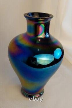 Imperial Glass Lustre Iridescent Vase Azure, Amythest, & Gold 6.5 T 1940s
