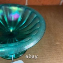 Imperial Glass Rolled Edge Stretch Iridescent Carnival Compote Ice Green Rayed