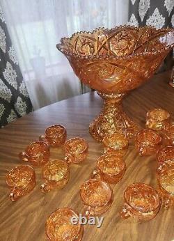 Imperial Glass Whirling Star Carnival Marigold Iridescent Punch Set