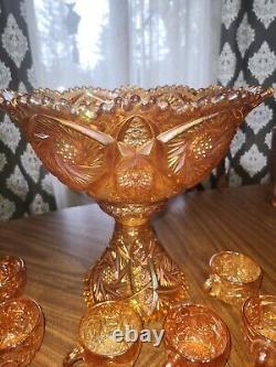 Imperial Glass Whirling Star Carnival Marigold Iridescent Punch Set