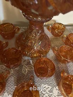Imperial Glass Whirling Star Carnival Marigold Iridescent Punch Set 18 Pcs