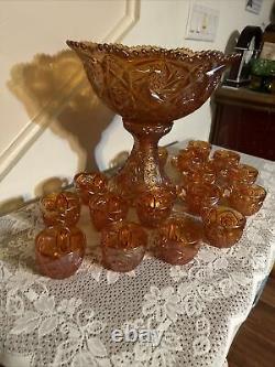 Imperial Glass Whirling Star Carnival Marigold Iridescent Punch Set 18 Pcs