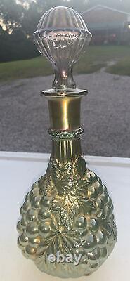 Imperial Grape Carnival Glass Decanter and Stopper Flat Base Iridescent Green