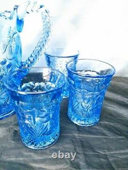 Imperial Lenox Lemonade Water Set Blue Tiger Lily Iridescent Carnival Glass