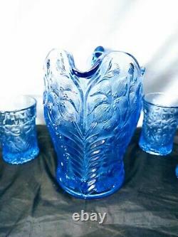 Imperial Lenox Lemonade Water Set Blue Tiger Lily Iridescent Carnival Glass