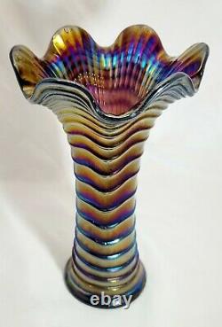 Imperial RIPPLE ANTIQUE CARNIVAL ART GLASS VASE ELECTRIC PURPLE 9.5 Tall