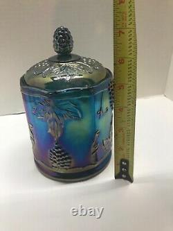 Indiana Blue Grape Harvest Carnival Glass Candy Dish Canister Iridescent Withlid