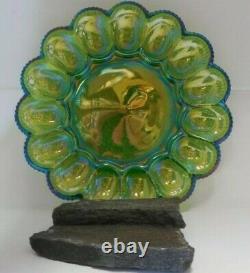 Indiana Carnival Glass Egg Plate Iridescent Green Hobnail FREE SHIPPING NIB