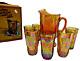 Indiana Carnival Glass Iridescent Amber Grape & Leaf Pitcher 6 Tall Glasses withbx
