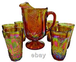 Indiana Carnival Glass Iridescent Amber Grape & Leaf Pitcher 6 Tall Glasses withbx