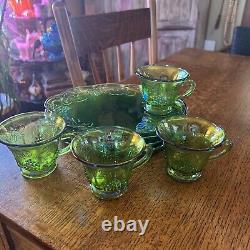 Indiana Carnival Glass Iridescent Lime Green 8 Pc Vintage Glass Luncheon Set 70s