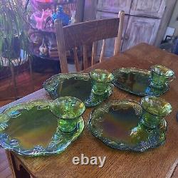 Indiana Carnival Glass Iridescent Lime Green 8 Pc Vintage Glass Luncheon Set 70s