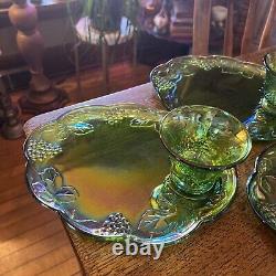 Indiana Carnival Glass Iridescent Lime Green 8 Pc Vintage Glass Luncheon Set 70s