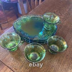 Indiana Carnival Glass Iridescent Lime Green 8 Pc Vintage Glass Luncheon Set 70s