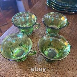 Indiana Carnival Glass Iridescent Lime Green 8 Pc Vintage Glass Luncheon Set 70s