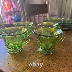 Indiana Carnival Glass Iridescent Lime Green 8 Pc Vintage Glass Luncheon Set 70s