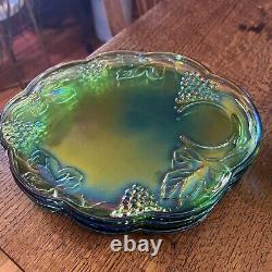 Indiana Carnival Glass Iridescent Lime Green 8 Pc Vintage Glass Luncheon Set 70s