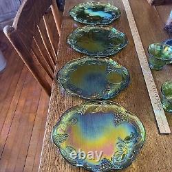 Indiana Carnival Glass Iridescent Lime Green 8 Pc Vintage Glass Luncheon Set 70s