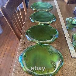 Indiana Carnival Glass Iridescent Lime Green 8 Pc Vintage Glass Luncheon Set 70s