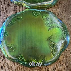 Indiana Carnival Glass Iridescent Lime Green 8 Pc Vintage Glass Luncheon Set 70s