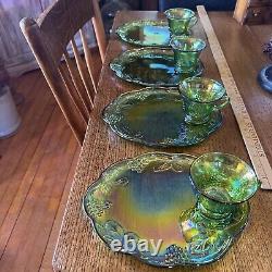 Indiana Carnival Glass Iridescent Lime Green 8 Pc Vintage Glass Luncheon Set 70s