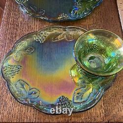 Indiana Carnival Glass Iridescent Lime Green 8 Pc Vintage Glass Luncheon Set 70s