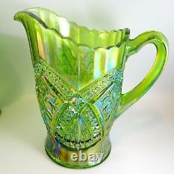 Indiana Carnival Glass Pitcher & Goblets (5) Lime Green Flower Medallion Tiara