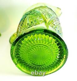 Indiana Carnival Glass Pitcher & Goblets (5) Lime Green Flower Medallion Tiara