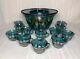 Indiana Carnival Glass, Punch Bowl & Cups, Set Of 12 Blue Iridescence, Excellent
