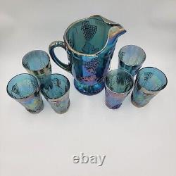 Indiana Glass Blue Iridescent Carnival Glass Beverage Set Pitcher and Tumblers
