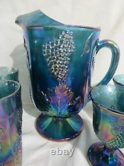Indiana Glass Carnival Blue Iridescent Harvest Grape Pitcher Tumblers Goblets