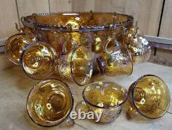 Indiana Glass Gold Carnival Harvest Princess Grape Punch Bowl & Cups 22 pc Set