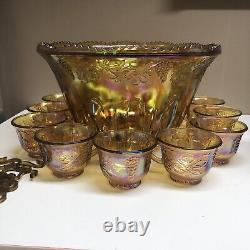 Indiana Glass Gold Carnival Harvest Princess Grape Punch Bowl & Cups 25 pc Set