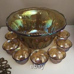 Indiana Glass Gold Carnival Harvest Princess Grape Punch Bowl & Cups 25 pc Set