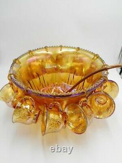Indiana Glass Gold Carnival Iridescent Harvest Grape Punch Bowl Set 12 C&H Ladle