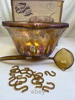 Indiana Glass Gold Carnival Iridescent Princess Punch Bowl Set Item 7447 with Box