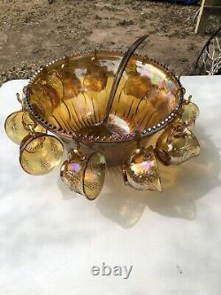 Indiana Glass Gold Carnival Iridescent Princess Punch bowl Set Item 7447 with Box