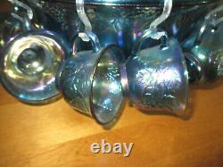 Indiana Glass Harvest Grape Blue Carnival PUNCH BOWL w 12 Cups/12 Hooks