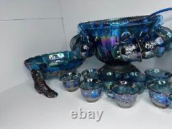 Indiana Glass Iridescent Blue Harvest Carnival Punch Bowl Full Set. Vintage