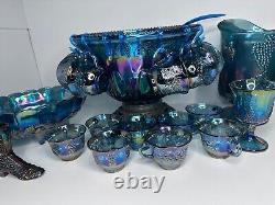 Indiana Glass Iridescent Blue Harvest Carnival Punch Bowl Full Set. Vintage