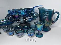 Indiana Glass Iridescent Blue Harvest Carnival Punch Bowl Full Set. Vintage