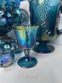 Indiana Glass Iridescent Blue Harvest Carnival Punch Bowl Full Set. Vintage