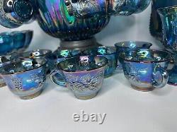 Indiana Glass Iridescent Blue Harvest Carnival Punch Bowl Full Set. Vintage