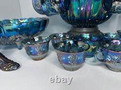 Indiana Glass Iridescent Blue Harvest Carnival Punch Bowl Full Set. Vintage