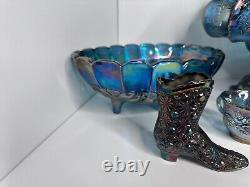 Indiana Glass Iridescent Blue Harvest Carnival Punch Bowl Full Set. Vintage