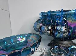 Indiana Glass Iridescent Blue Harvest Carnival Punch Bowl Full Set. Vintage